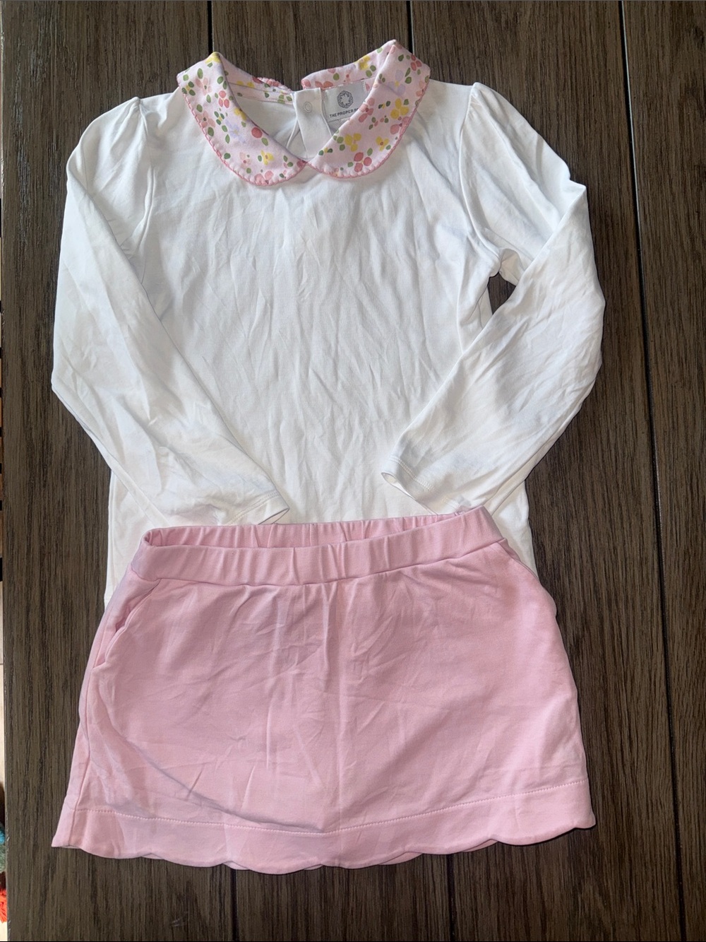 White Long Sleeve Top with Pink Floral Peter Pan Collar - Girls